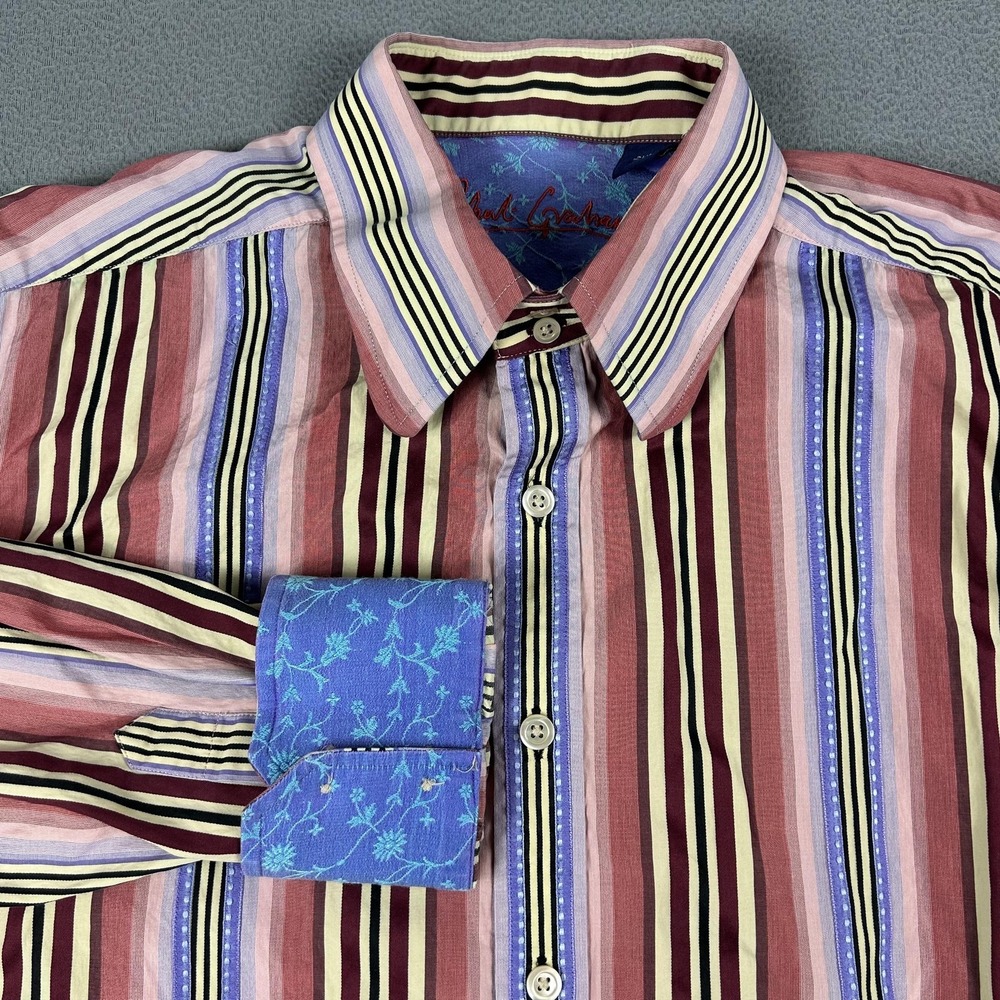 Robert Graham Shirt Mens 2XL Multicolor Stripe Cotton‎ Silk Flip Cuff Casual